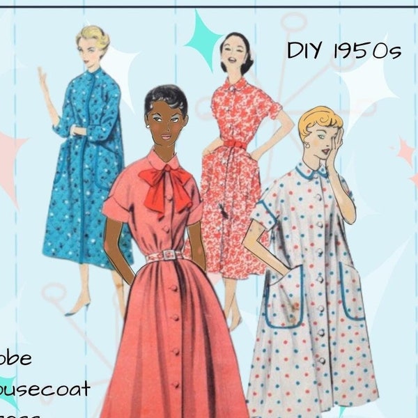 Advance 8230 - Vintage 1950s Housecoat, Robe, Day Dress, Button-front Shirt Dress - Shirtdress - Size 12 - (Bust 32) - Cute Fit & Flare