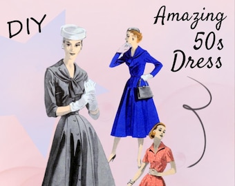 Butterick 7729 - Glamoroso vestido de la década de 1950 - Vestido camisero - Fit-and-Flare - Falda completa - Rockabilly - Bombshell Hollywood - Talla 16 (Busto 34) DIY