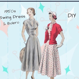Vogue 6744 - Vintage 1950s / Late 1940s Swing Dress w/ Bolero Jacket - Fit-and-Flare - Full Skirt - Kimono Sleeves - Size 16 (Bust 34)