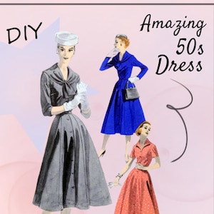 May include: DIY project for making an amazing 50s dress. The image shows three women wearing different styles of 50s dresses. The dress on the left is gray, the dress in the middle is blue, and the dress on the right is red with white polka dots.