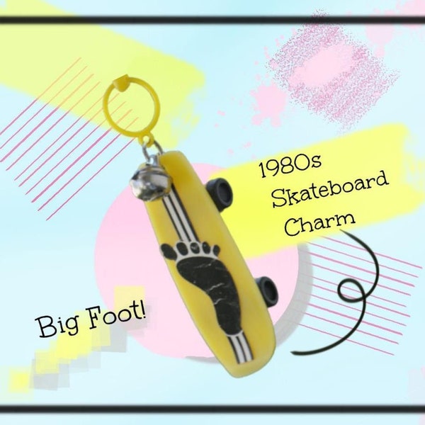 1980s Bell Charm - Yellow Skateboard w/ Big Foot Sticker - Kitsch - Plastic Jewelry - Keychain - Zipper Pull - Kawaii Decora - Clip Necklace