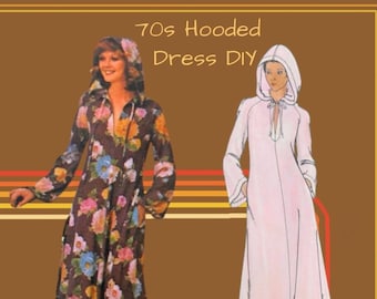 Butterick 4513 - Rare DIY 1970s Vintage Hooded Dress - Boho, Hippie, Retro - Beach Cover-Up - Caftan - Size Petite - 6 - Juniors - UNCUT