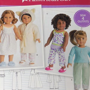 May include: Sewing pattern for four American Girl doll outfits. The pattern includes a nightgown, robe, pajamas, and a shirt and pants set. The pattern is printed on a white background with black lines. The text "Sew 4 Outfits" is printed in a circle on the top right corner of the pattern.