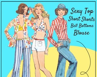 Simplicity 6348 - DIY Boho 1970s Bikini Top, Halter Bra, Wide-Leg Bell Bottoms, Flare Pants, Short Shorts - Sexy Size 10 (Bust 32) - Blouse