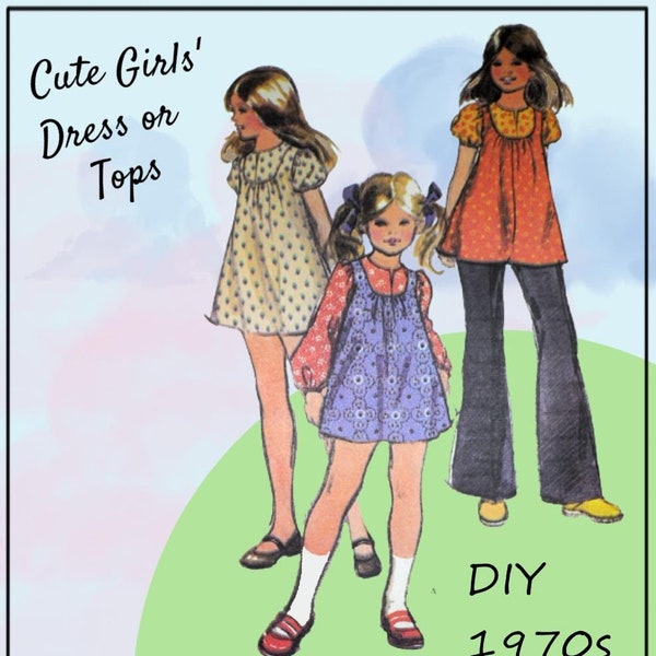 McCall's 3696 - Cute & Easy Girls' Smock or Mini-Dress - DIY Tweens Size 10 - Vintage 1970s Boho / HIppie Look - Puff Sleeves, Flared