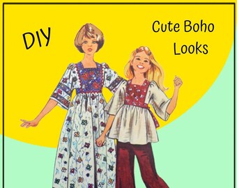 Simplicity 6001 - Cute 1970s Boho Looks for Girls or Tweens - Dress, Top, Caftan - Peasanty, Bicentennial Style - Size 10 - UNCUT - Fun