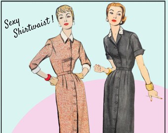 McCall's 9924 - RARE 1950s Shirtdress - Button Front - Contrast Collar - Spectator Dress - Shirtwaist - Size 14.5 - Bust 35 - UNCUT