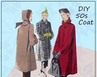 Butterick 4990 - Amazing 1950s Coat w/ Hood & Scarf - DIY Vintage Style - Hollywood, Chic, Dressy, Boxy - Size 16 (Bust 34) - Glam