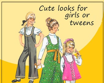 Simplicity 9132 - Cute Mod Girls' Jumpsuit, Dress, Mini-Dress, Maxi-Dress - Vintage 1970s DIY - Tweens' Size 10 - Easy Sew, Jiffy - UNCUT
