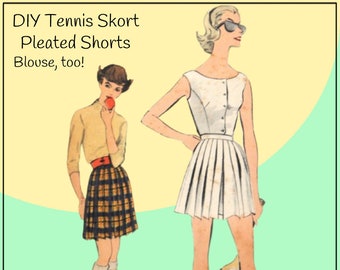 Vogue 9343 - Vintage 1950s Tennis Shorts & Blouse - Skort / Pantskirt - Pleated - Sleeveless Blouse / Tank - CUTE - Size 16 (Bust 36) UNCUT