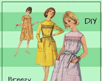 Simplicity 5435 - Vintage 1960s DIY Easy-Sew Tent Dress / House Dress / Sundress - Big Pockets - Size 12 (Bust 32) - UNCUT - Smocking