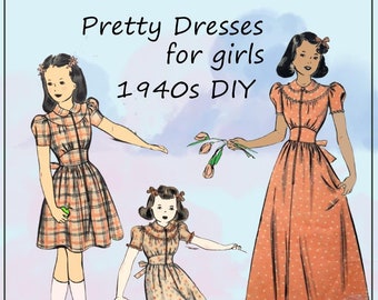 Hollywood 555 - Vintage 1940s Girls' Dress, Gown, Housecoat - Toddler / Age 4 - (Bust 23) - Cute, Kawaii, Sweet - Back to School - DIY