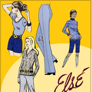 May include: Illustration of three women wearing different outfits. The woman on the left is wearing a blue short-sleeved shirt, blue shorts, and a gold belt. The woman in the middle is wearing a blue sweater, blue pants, and a white belt. The woman on the right is wearing a blue and white striped sweater, blue and white patterned shorts, and white socks. The text "Else California" is at the bottom of the image.
