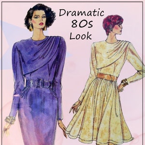 May include: Illustration of two women in 1980s-style dresses. One dress is purple with a wide belt, the other is yellow with a pleated skirt. The text "Dramatic 80s Look" is above the women.