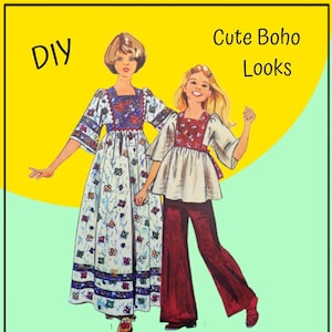 May include: DIY Cute Boho Looks pattern featuring two girls wearing floral print dresses and bell bottom pants. The girls are smiling and holding hands. The background is yellow and green.