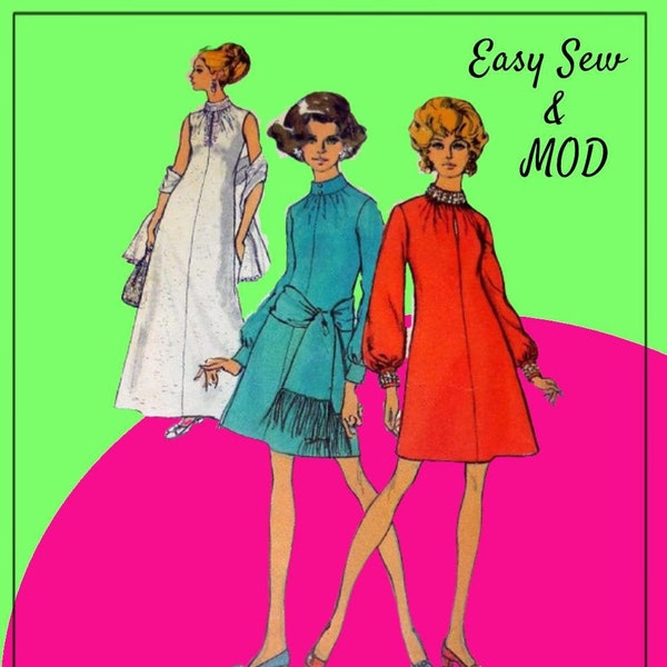 Simplicity 8540 - Mod A-Line Dress or Evening Gown - 1960s Vintage Glam Pattern - Size 10 (Bust 32.5) - Sash, Stole - Retro Fashion Pattern