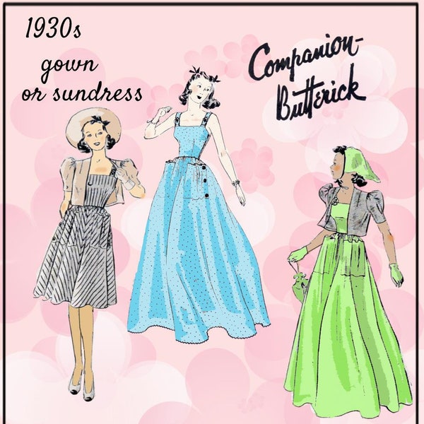 Butterick 8938 - Rare 1930s Gown or Sundress - Beautiful Full Skirt, Big Pockets - Early 1940s - Long or Short - Size 12 (Bust 30)