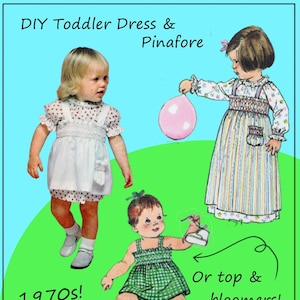 May include: Vintage illustration of DIY toddler dresses and pinafore designs. The image features three children in different outfits, including a white dress with red polka dots, a striped dress, and a green checkered top and bloomers. Text reads "1970s!" and "Or top & bloomers!"