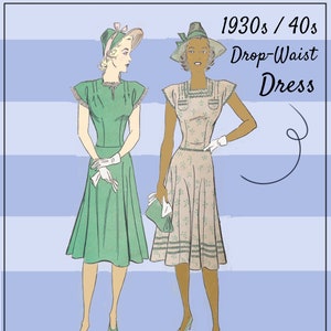 Könnte beinhalten: Illustration von zwei Frauen in Kleidern mit tiefem Bund aus den 1930er/40er Jahren. Ein Kleid ist grün, das andere beige mit floralem Muster. Beide Figuren tragen Hüte, Handschuhe und Absätze. Der Text "1930s / 40s Drop-Waist Dress" wird angezeigt.