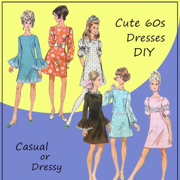 McCall's 9555 - Cute DIY 1960s Mod Dresses - Cocktail Dress - Mini Dress - Hippie, Boho - Sweet - Size 10, 12 (Bust 32, 34) - Dressy