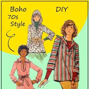 May include: Three vintage sewing patterns for DIY 70s style tops. The patterns feature a floral print top with a hood, a striped top with a collar, and a pink top with a ruffled collar and a belt.