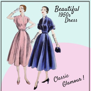 May include: Two women wearing 1950s style dresses. The woman on the left is wearing a pink dress and the woman on the right is wearing a blue dress. Both women are wearing gloves and have their hair styled in a 1950s style. The text "Beautiful 1950s Dress" is at the top of the image and the text "Classic Glamour!" is at the bottom of the image.