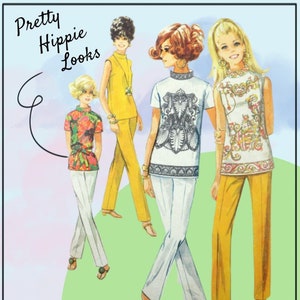 May include: Four women wearing different styles of 1960s clothing. The women are wearing pants and tops with floral and geometric patterns. The text "Pretty Hippie Looks" is at the top of the image.