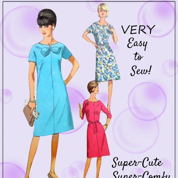 Simplicity 5985 - EASY Sew Mod Dress DIY - Vintage 1960s - Kimono Sleeves - Bow - A-Line - Shift - Size 14.5 (Bust 35) - CUTE -