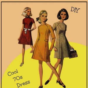 May include: Three women wearing different styles of 1970s dresses. The text "Cool 70s Dress" and "DIY" are on the image.