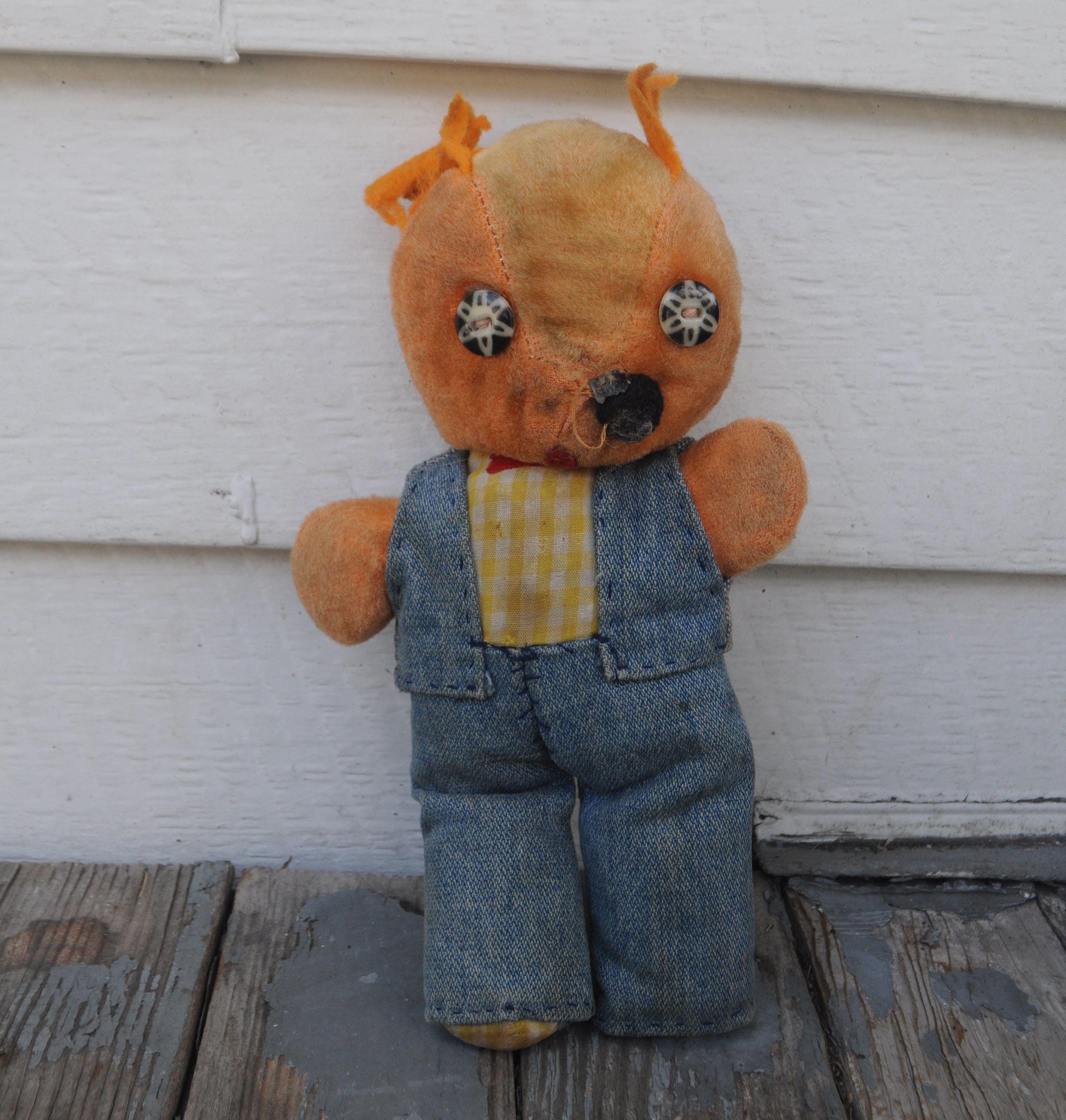 Vintage 1940s - 1950s CREEPY Handmade Orange Teddy Bear in Denim