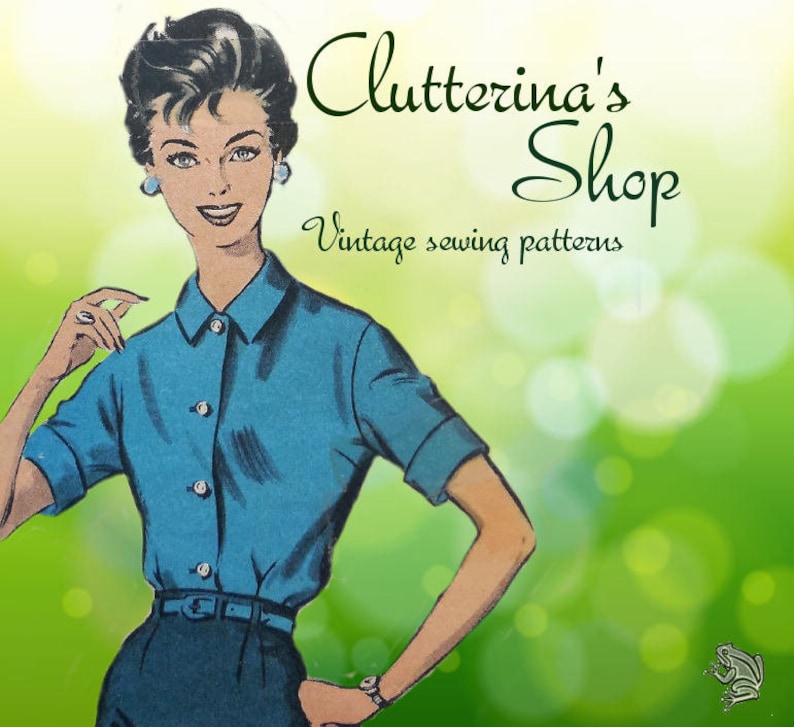 May include: Illustration of a woman wearing a teal button-down shirt and dark blue pants. The image has the text "Clutterina's Shop" and "Vintage sewing patterns" in a cursive font. The background is a gradient of green and white.