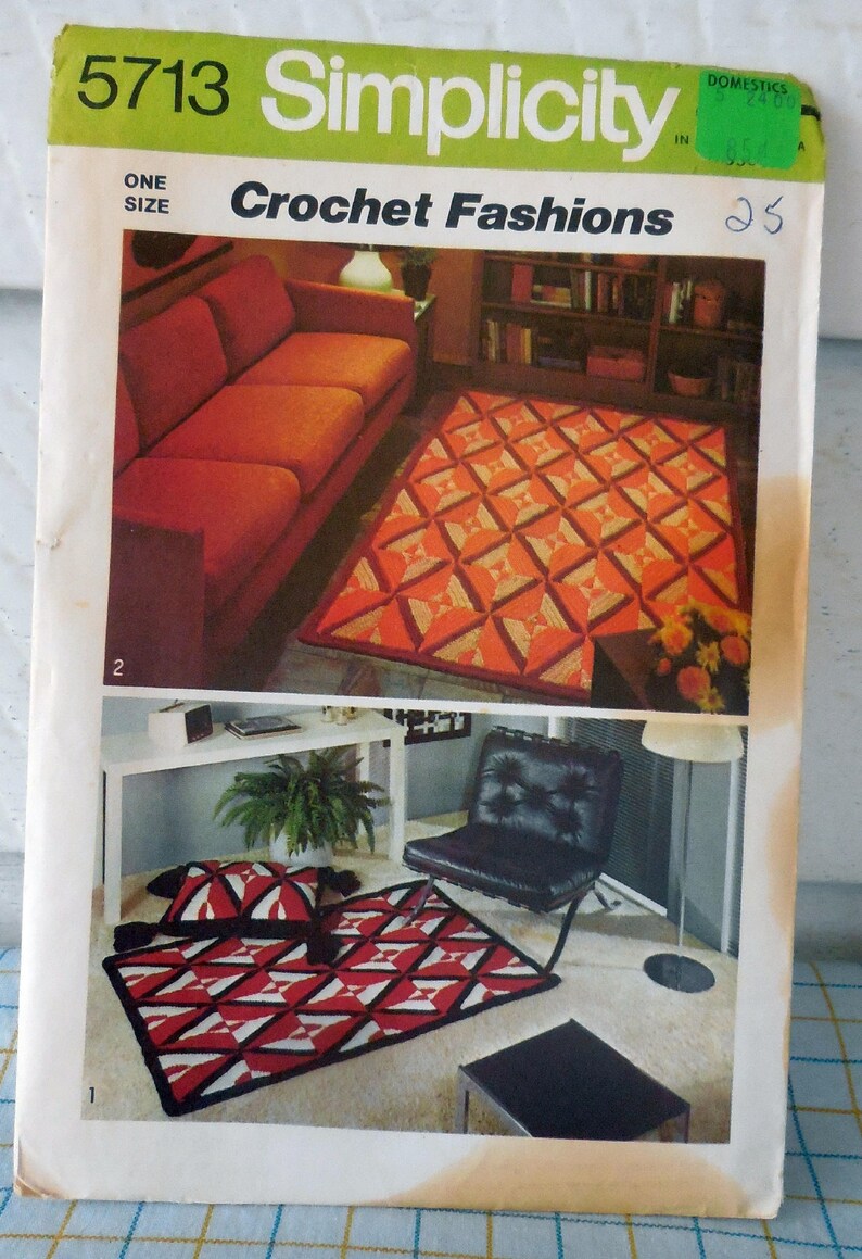 Simplicity 5713 Vintage 1970s Crochet Rugs & Pillows Home Decor, Boho, Hippie, Rustic, Cozy, Cabin, Op-Art Gift Idea, DIY Design image 2