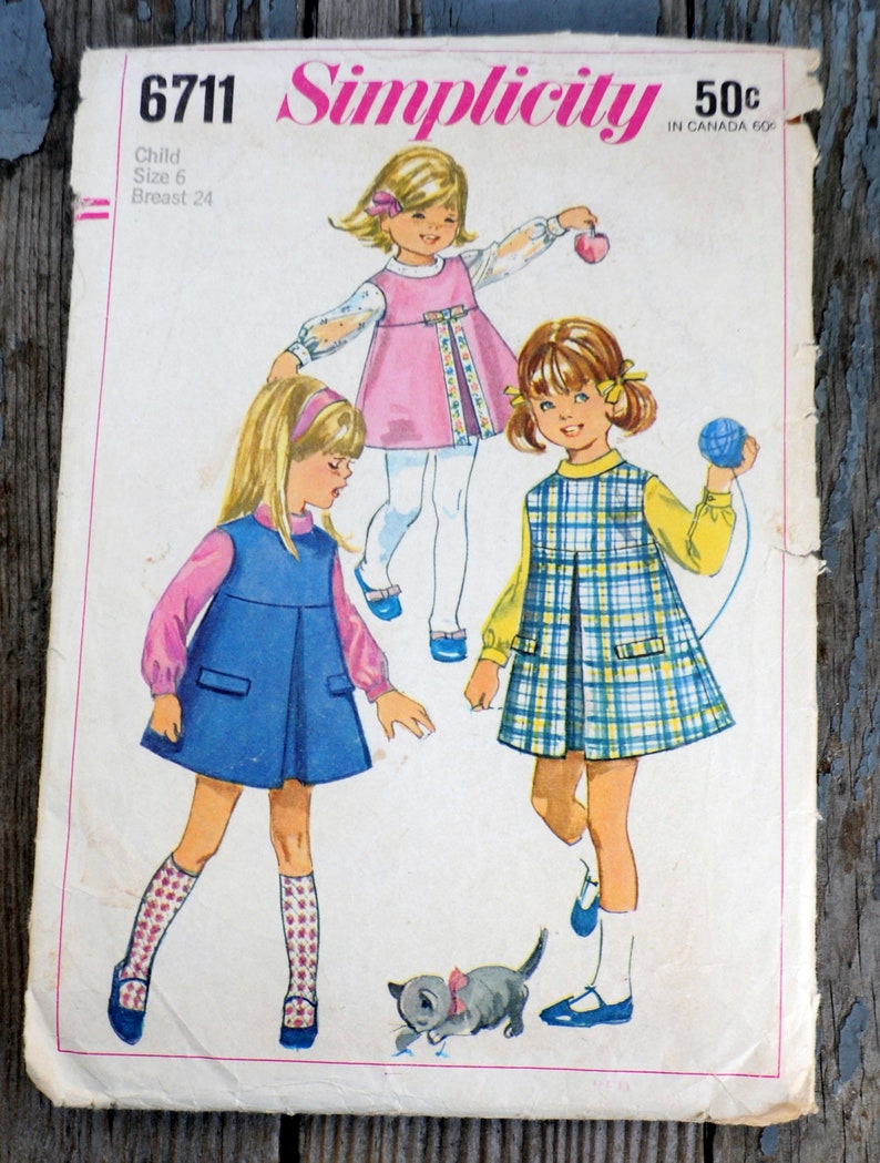 Simplicity 6711 Cute Girls' DIY 1960s Jumper Dress Mod Blouse Too Easter Dress, Party Dress A-line Kawaii Size 6 Bust 24 image 2