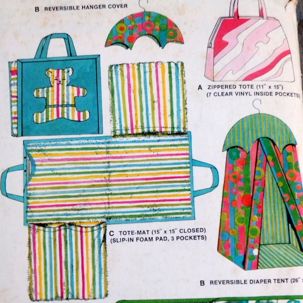 McCall's 9174 - Vintage Cute Baby and Closet Items - Changing Pad, Tote Bag, Diaper Holder, Hanger Cover, Sleeping Bag - 1960s - UNCUT