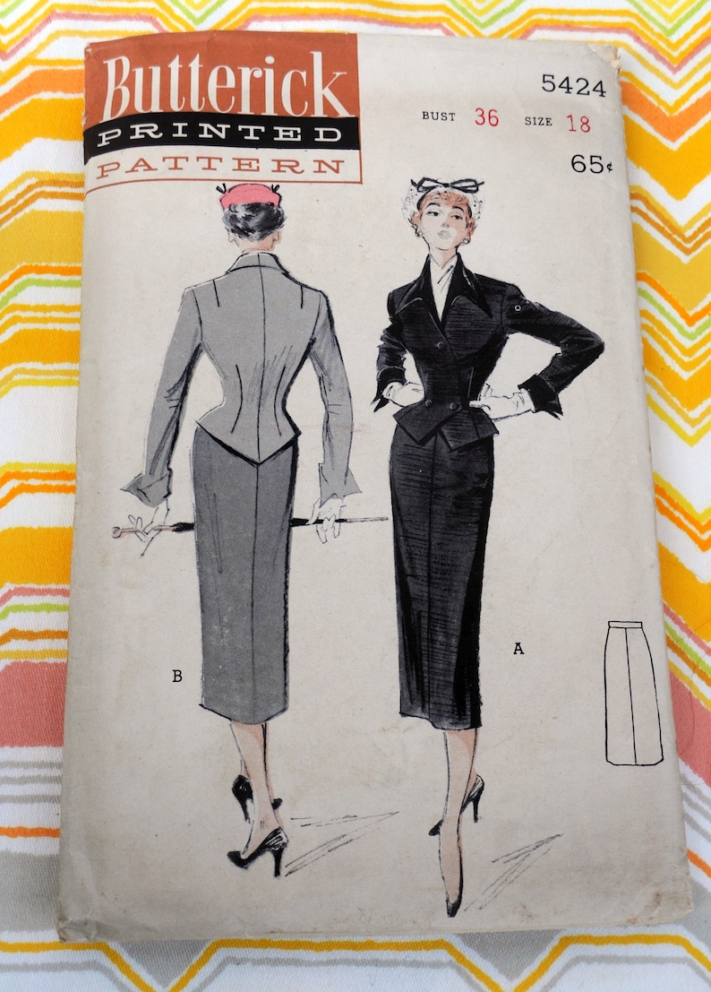 Amazing 1950s Suit Hollywood Glam Butterick 5424 Wiggle Dress Skirt Weskit Style Size 18 - Hourglass Bust 36 DIY Retro