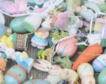 Large Lot Vintage Wooden Miniature Easter Ornaments - Easter Bunny, Rabbits, Eggs, Chicks, Etc. - Spring Decoration, Diorama, Assemblage