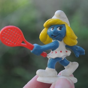 Vintage 1980s Smurfs Figurines by Schleich - 1981 - Smurfette Playing Tennis - Cute / Kawaii Vinyl Miniatures - Plus Azrael The Cat