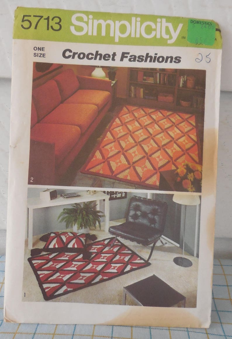 Simplicity 5713 Vintage 1970s Crochet Rugs & Pillows Home Decor, Boho, Hippie, Rustic, Cozy, Cabin, Op-Art Gift Idea, DIY Design image 1