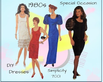 Simplicity 7001 - Vintage 1980s Evening Gown / Cocktail Dress / Sexy /  Prom / Special Occasion - Size 4 - 12 - UNCUT - Puffy Big Sleeves