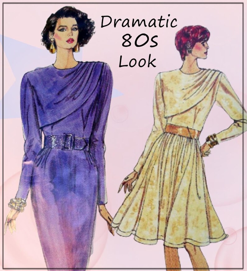 Vogue 7355 Dramatic Vintage Vogue Draped Dress Cocktail Dress 1980s Full or Slim Skirt Size 14 Bust 36 New Wave Sewing Pattern image 1