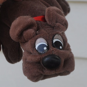May include: A brown plush dog puppet with large, expressive eyes and a black nose. The puppet has floppy ears and a red collar. The dog's face is the focal point, with its wide eyes and friendly expression.