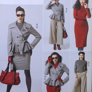 May include: A fashion illustration featuring a gray double-breasted jacket with a peplum waist, paired with a matching skirt. The model is wearing black sunglasses and carrying a red handbag. Other outfits include a red dress and wide-leg pants.