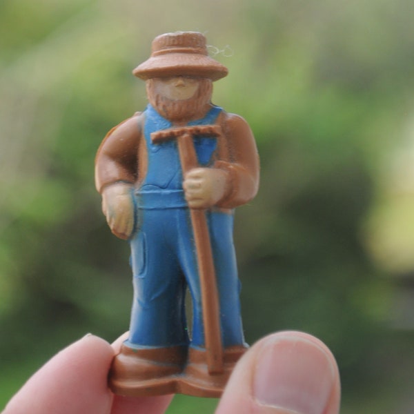 Vintage Mystery PVC Figurine - Farmer?  Miner?  Prospector?  Made in Japan - Man w/ Overalls Holding Rake - Miniature / Mini Diorama Model