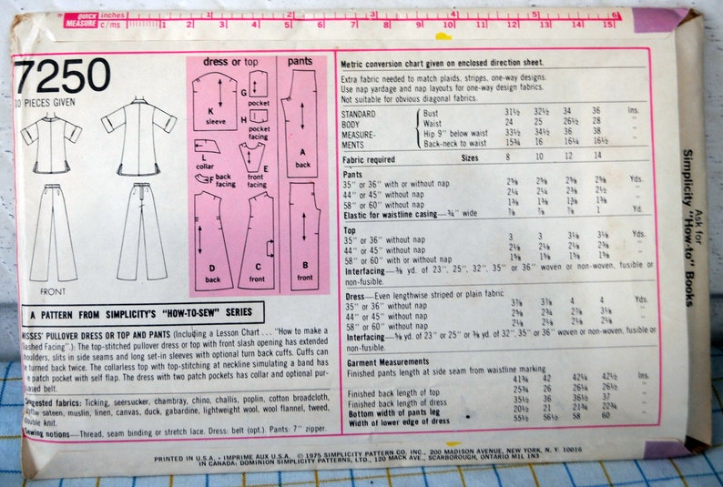 Simplicity 7250 Cute Easy Sew 1970s Dress, Tunic, Pants, Etc. Pockets, Boho / Hippie Size 10 Bust 32.5 UNCUT Shirtdress image 4