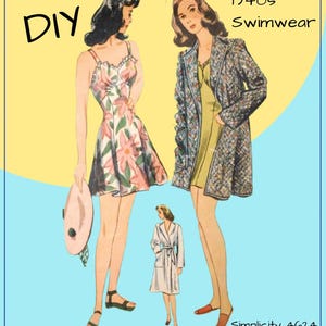 May include: Vintage DIY sewing pattern for 1940s swimwear. The illustration features two women in swimsuits and a woman in a robe. The text "DIY" is in the upper left corner, and "1940s Swimwear" is in the upper right corner. The pattern number is "Simplicity 4624".