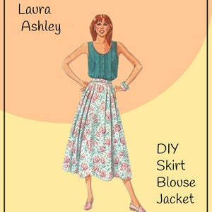 May include: An illustration of a Laura Ashley sewing pattern. The image shows a woman wearing a teal blouse and a floral skirt. Text on the image reads "DIY Skirt Blouse Jacket". The background is light orange and yellow.