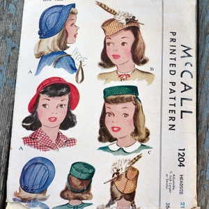 McCall 1204 Girls / Tweens 1940s Hats DIY Pillbox, Feathered Cap, Pancake, Bonnet, Cloche w/ Brim Head Size 21 Costume image 2