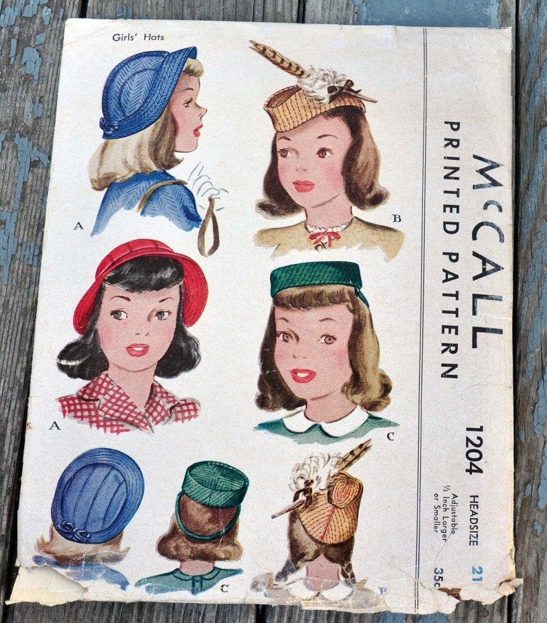 McCall 1204 Girls / Tweens 1940s Hats DIY Pillbox, Feathered Cap, Pancake, Bonnet, Cloche w/ Brim Head Size 21 Costume image 2