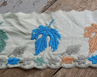 Gorgeous Embroidered Leaf Trim - Light Green, Autumn, Fall - Shades of Teal, Gold - 3.5" Wide - Rare, Vintage, High Quality - By The Yard