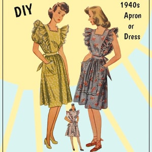 Könnte beinhalten: DIY-Illustration von 1940er-Jahre-Schürzen oder -Kleidern. Das Bild zeigt drei Frauen in Vintage-Schürzen oder -Kleidern. Der Text "DIY" und "1940s Apron or Dress" sind abgebildet. Die Schürzen/Kleider sind in Gelb, Grau und Weiß mit floralen Mustern.